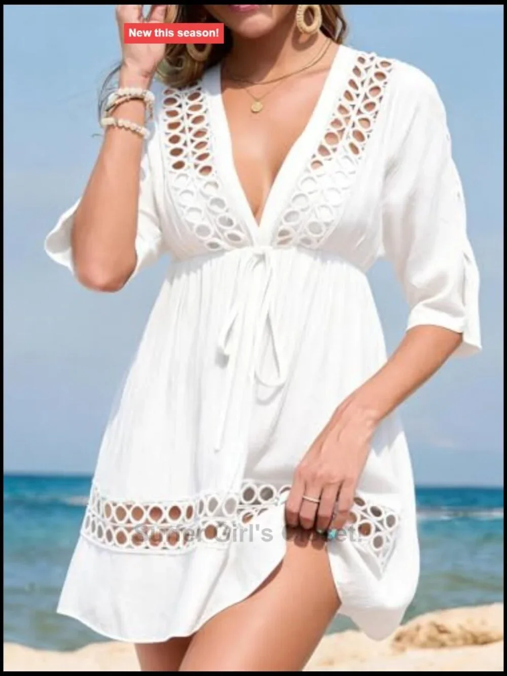V Neck Beach Cover Up Dress - Crochet Lace Trim Swimsuit Coverup Drawstring